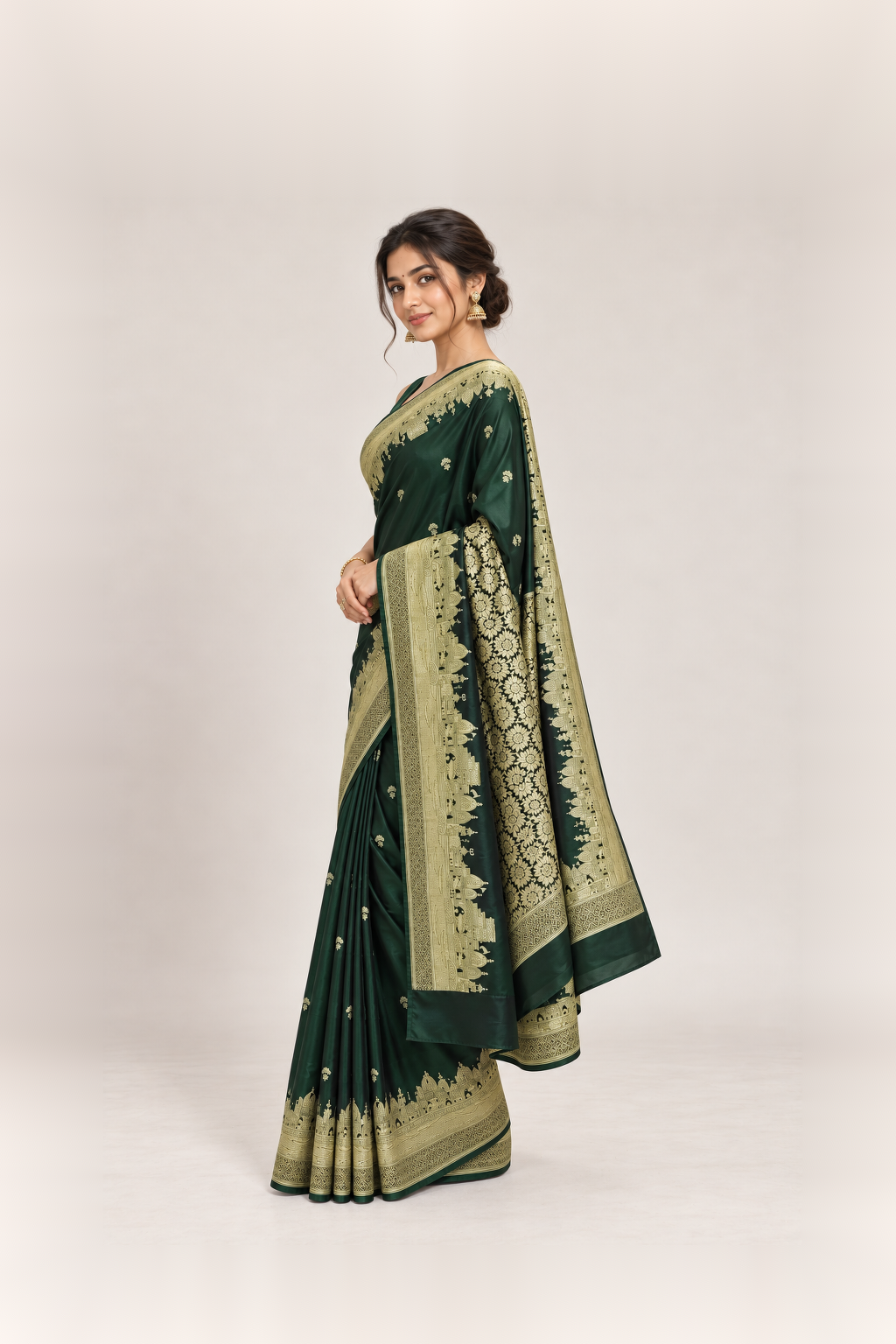 Deep Bottle Green & Antique Gold Banarasi Silk Saree