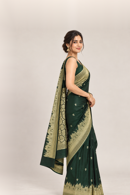 Deep Bottle Green & Antique Gold Banarasi Silk Saree