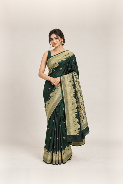 Deep Bottle Green & Antique Gold Banarasi Silk Saree