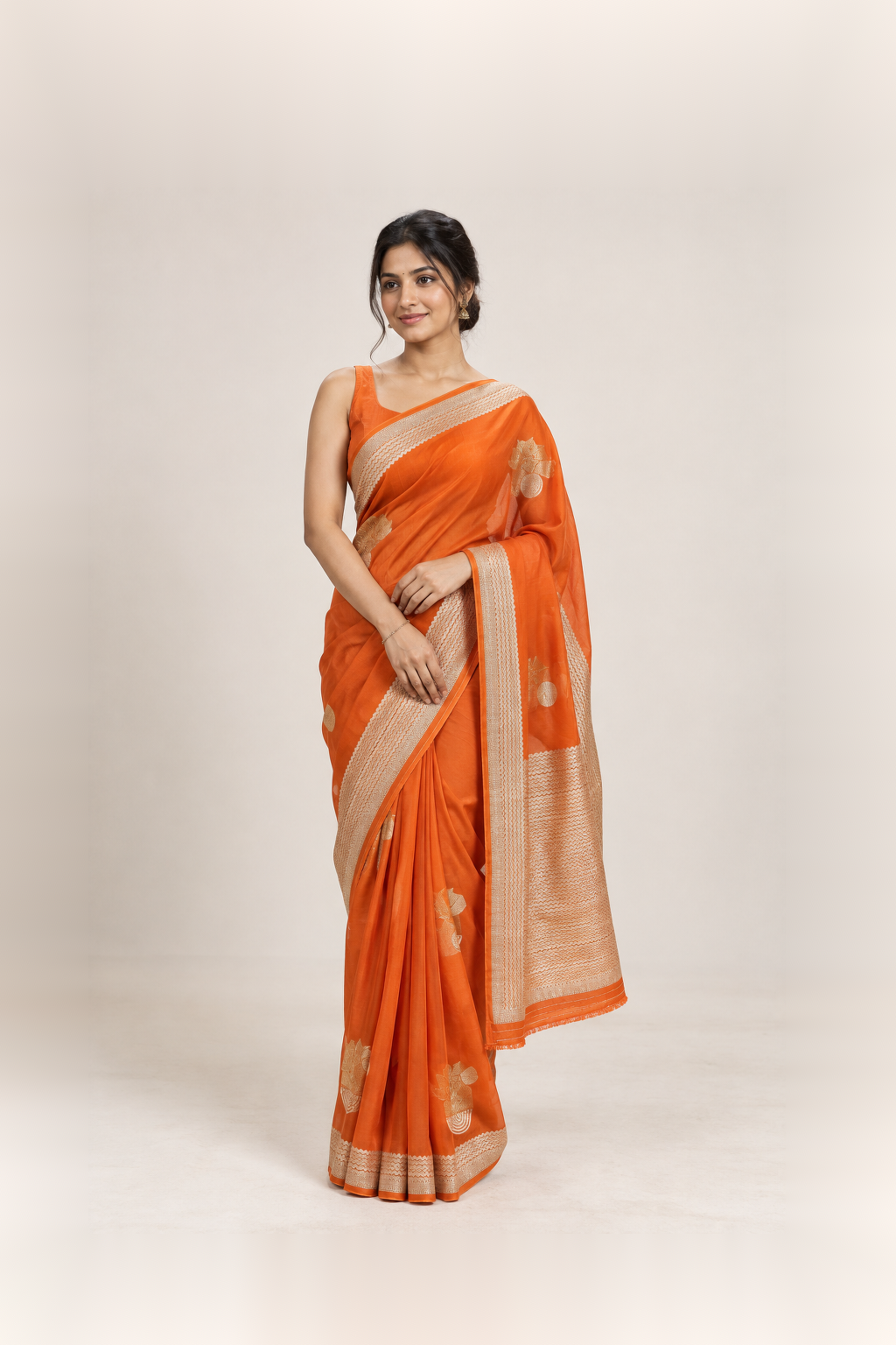 Bright Orange & Antique Gold Woven Silk Saree