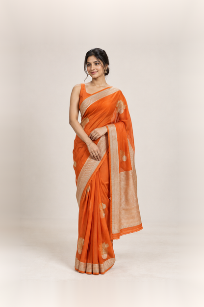 Bright Orange & Antique Gold Woven Silk Saree