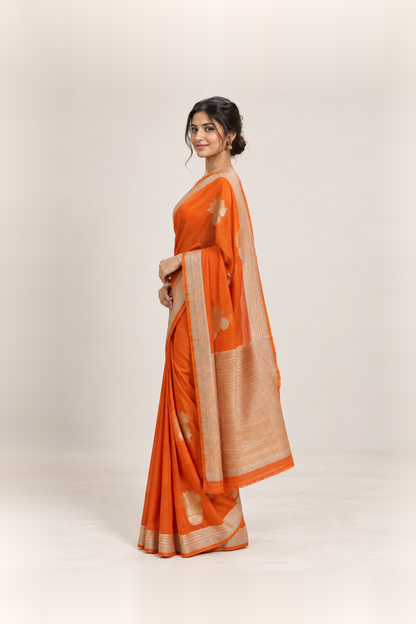 Bright Orange & Antique Gold Woven Silk Saree