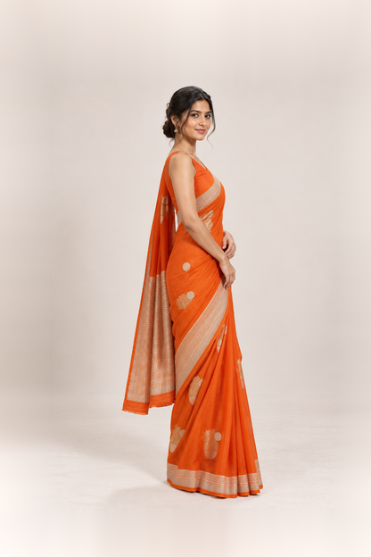Bright Orange & Antique Gold Woven Silk Saree