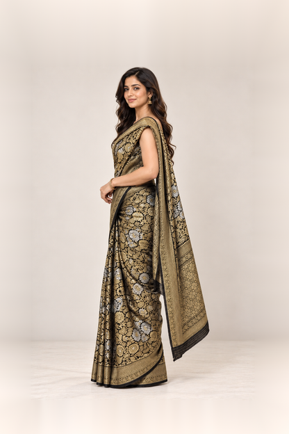 Black, Antique Gold & Silver Floral Banarasi Silk Saree