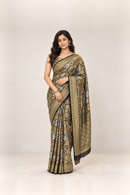 Black, Antique Gold & Silver Floral Banarasi Silk Saree