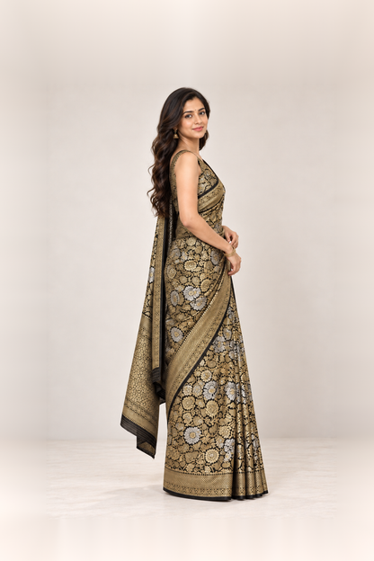 Black, Antique Gold & Silver Floral Banarasi Silk Saree