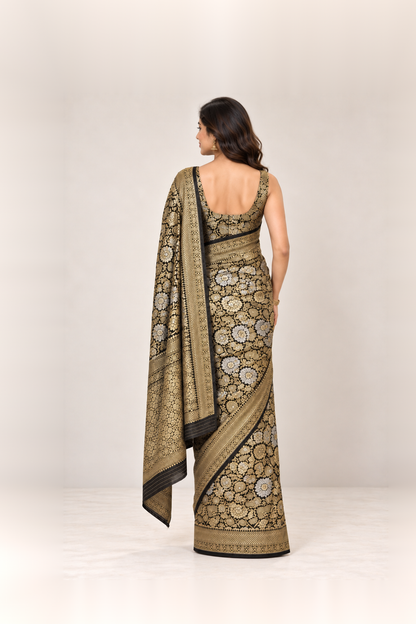 Black, Antique Gold & Silver Floral Banarasi Silk Saree