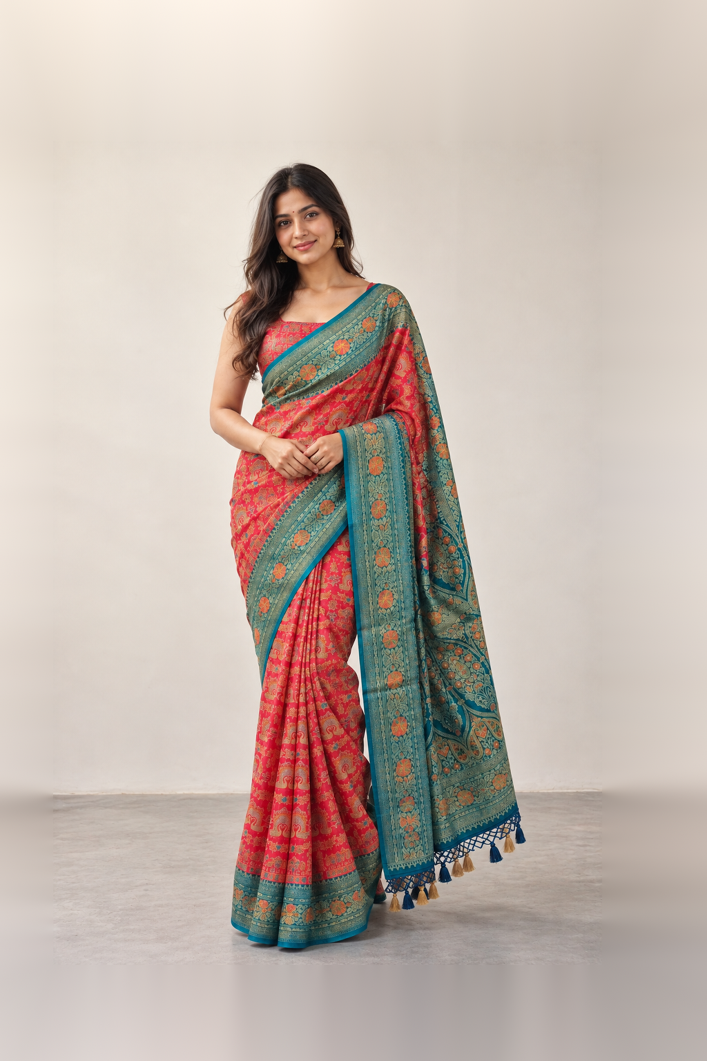 Teal Blue & Coral Pink Floral Woven Silk Saree