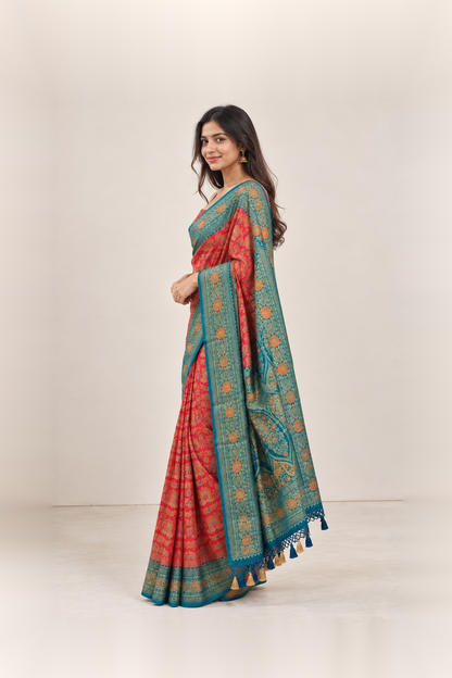 Teal Blue & Coral Pink Floral Woven Silk Saree