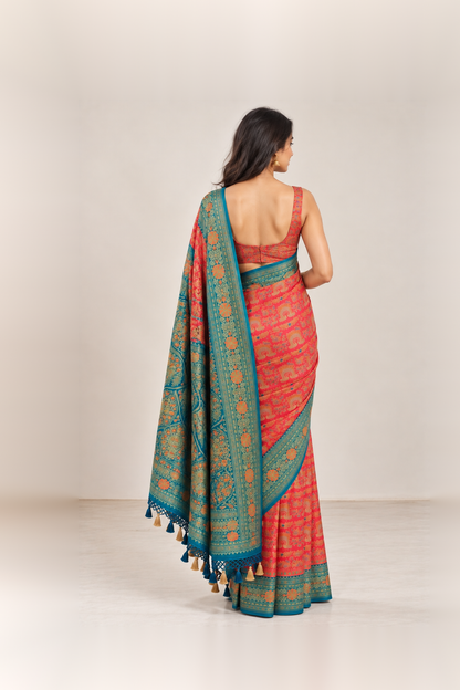 Teal Blue & Coral Pink Floral Woven Silk Saree