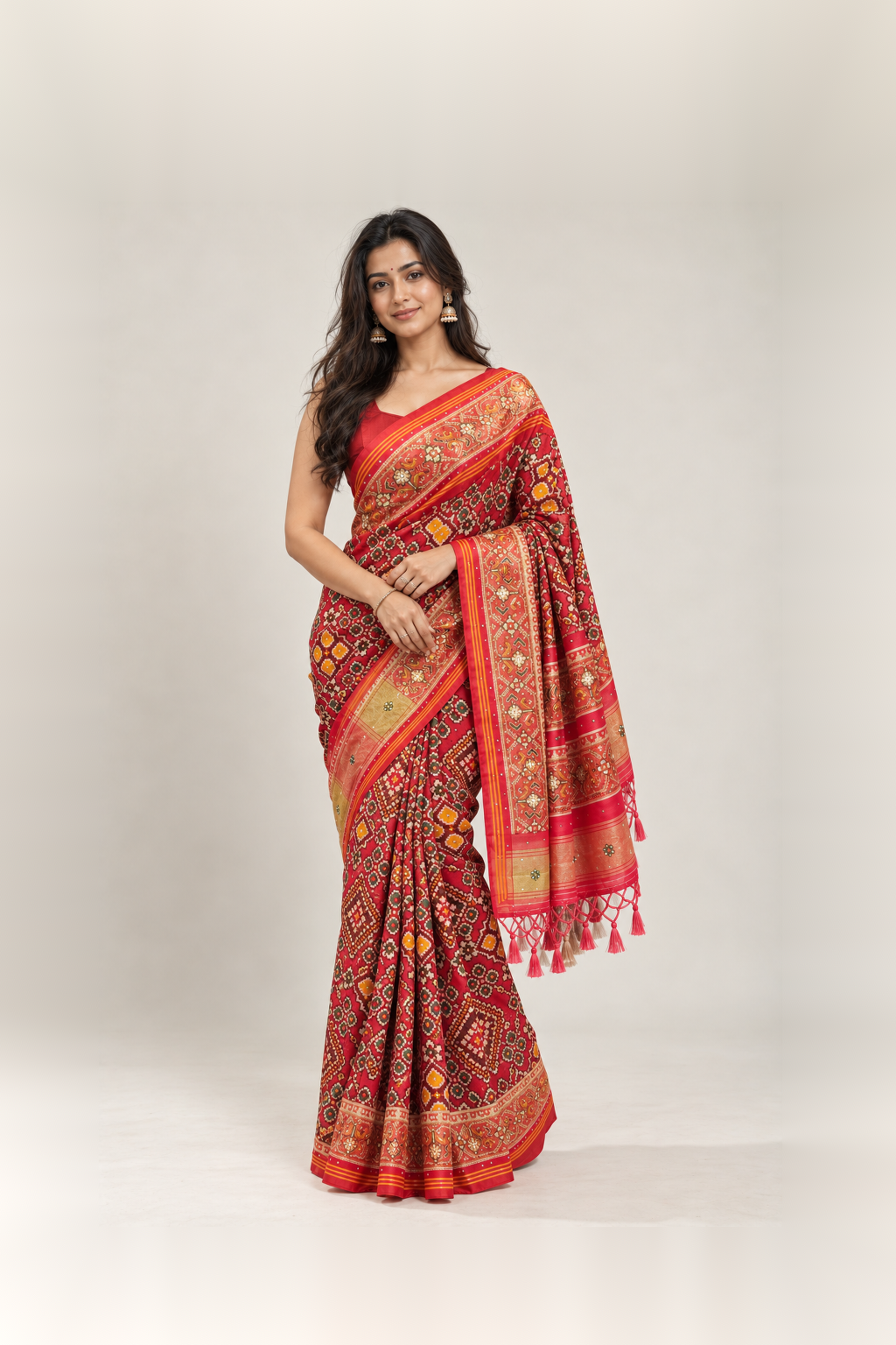 Crimson Red & Multicolour Bandhani Silk Saree