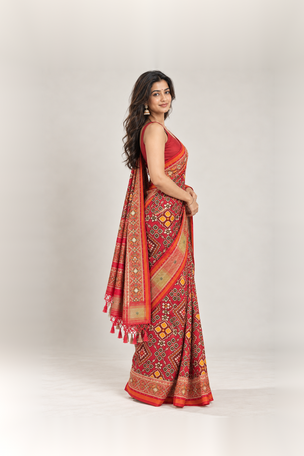 Crimson Red & Multicolour Bandhani Silk Saree
