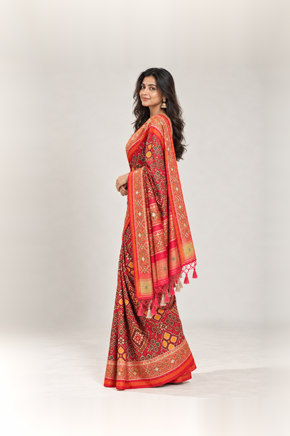 Crimson Red & Multicolour Bandhani Silk Saree