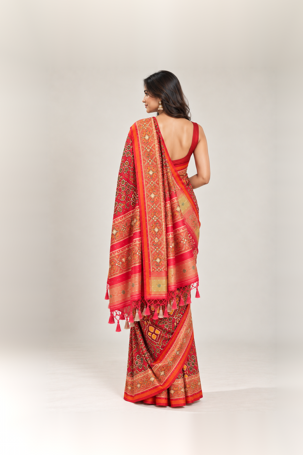 Crimson Red & Multicolour Bandhani Silk Saree