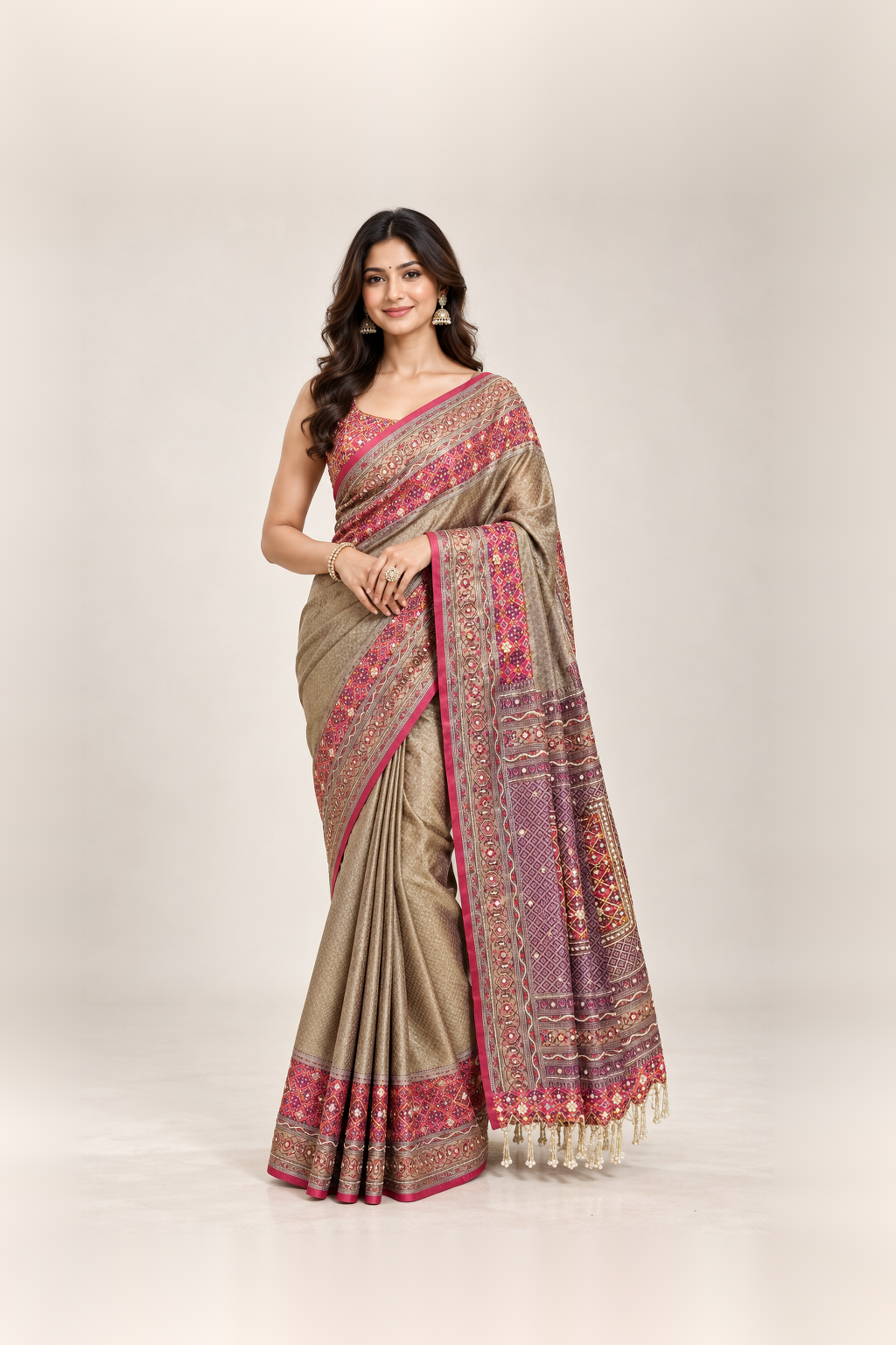 Wine Red & Antique Gold Printed Silk Saree