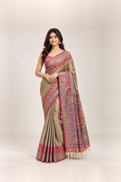 Wine Red & Antique Gold Printed Silk Saree