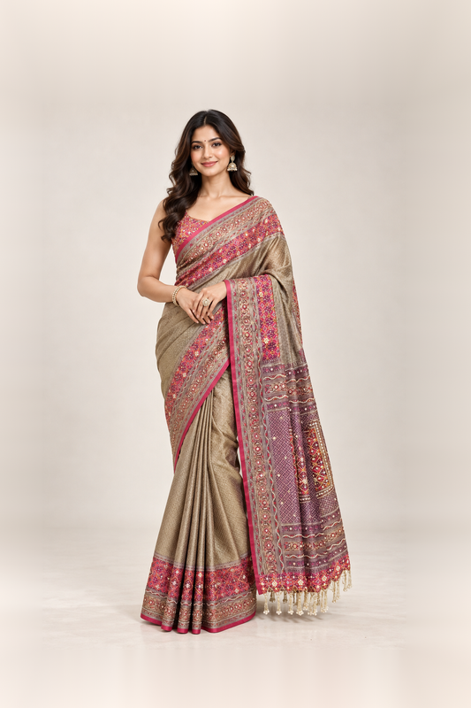 Wine Red & Antique Gold Printed Silk Saree