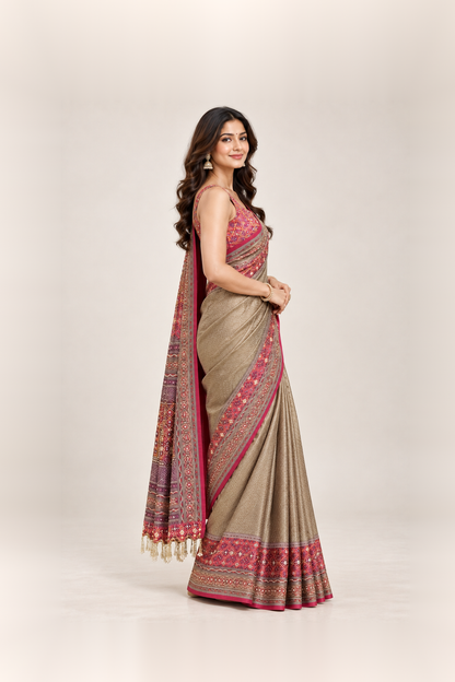 Wine Red & Antique Gold Printed Silk Saree