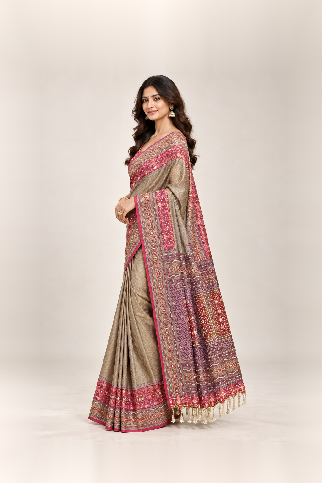 Wine Red & Antique Gold Printed Silk Saree