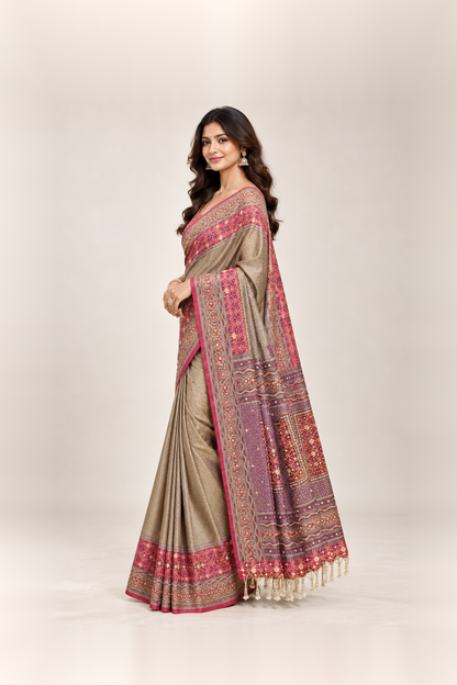 Wine Red & Antique Gold Printed Silk Saree