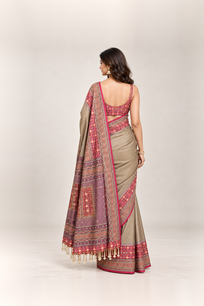 Wine Red & Antique Gold Printed Silk Saree