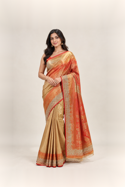 Orange Red & Antique Gold Banarasi Silk Saree
