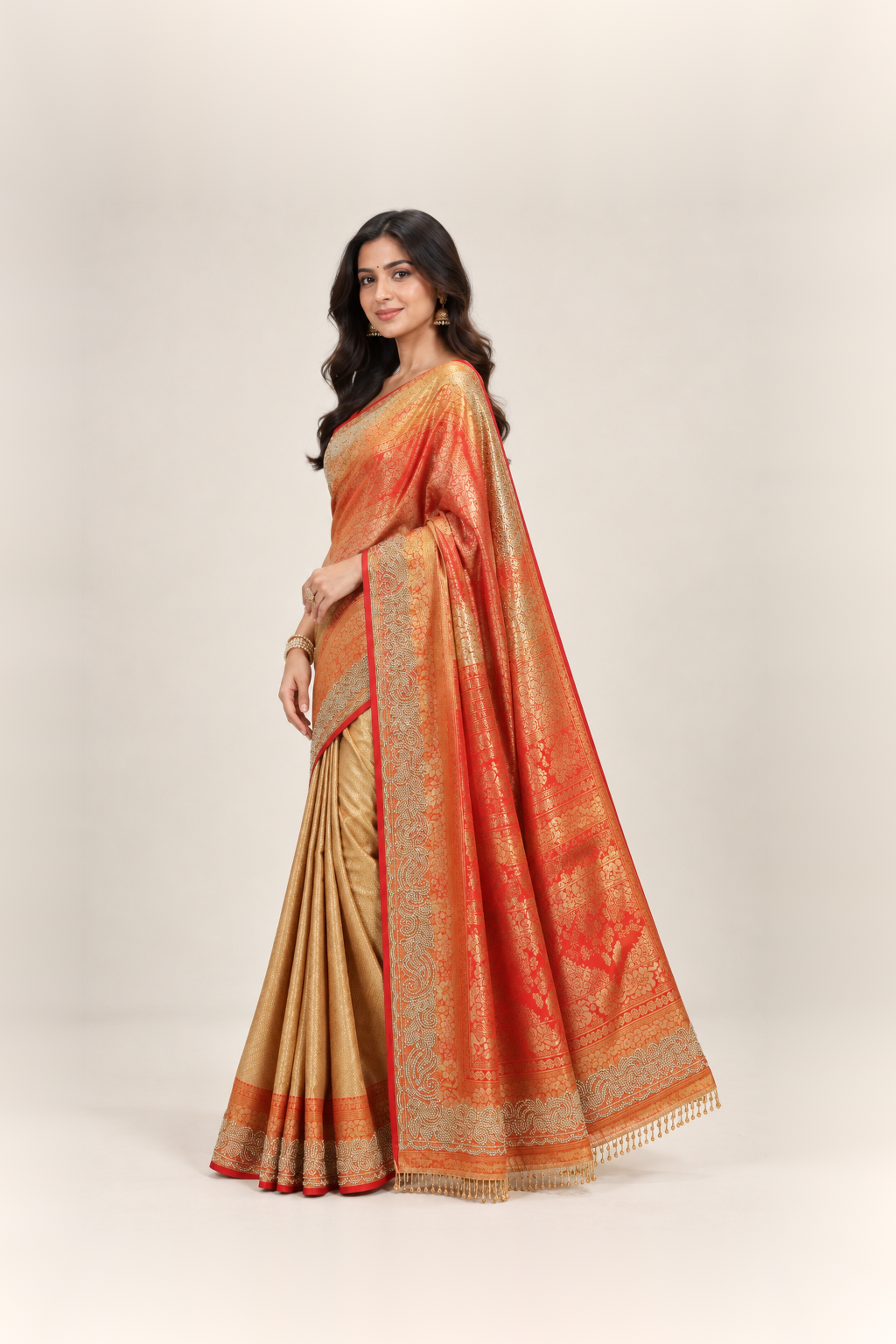 Orange Red & Antique Gold Banarasi Silk Saree