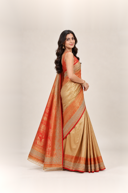Orange Red & Antique Gold Banarasi Silk Saree