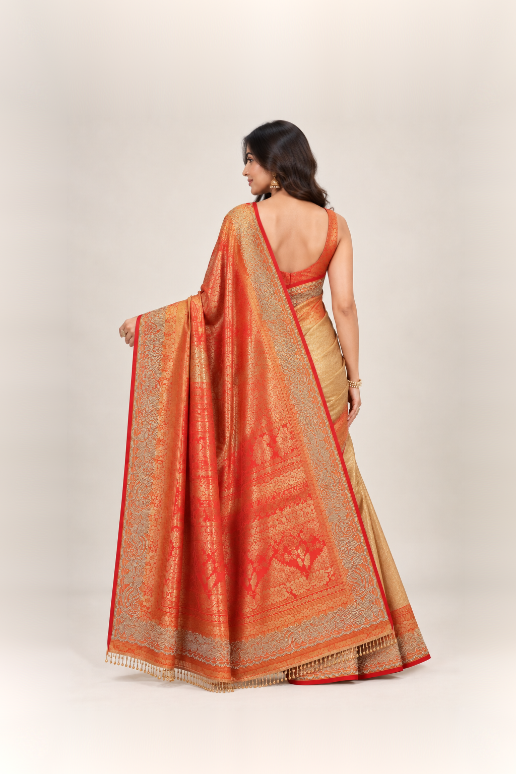 Orange Red & Antique Gold Banarasi Silk Saree
