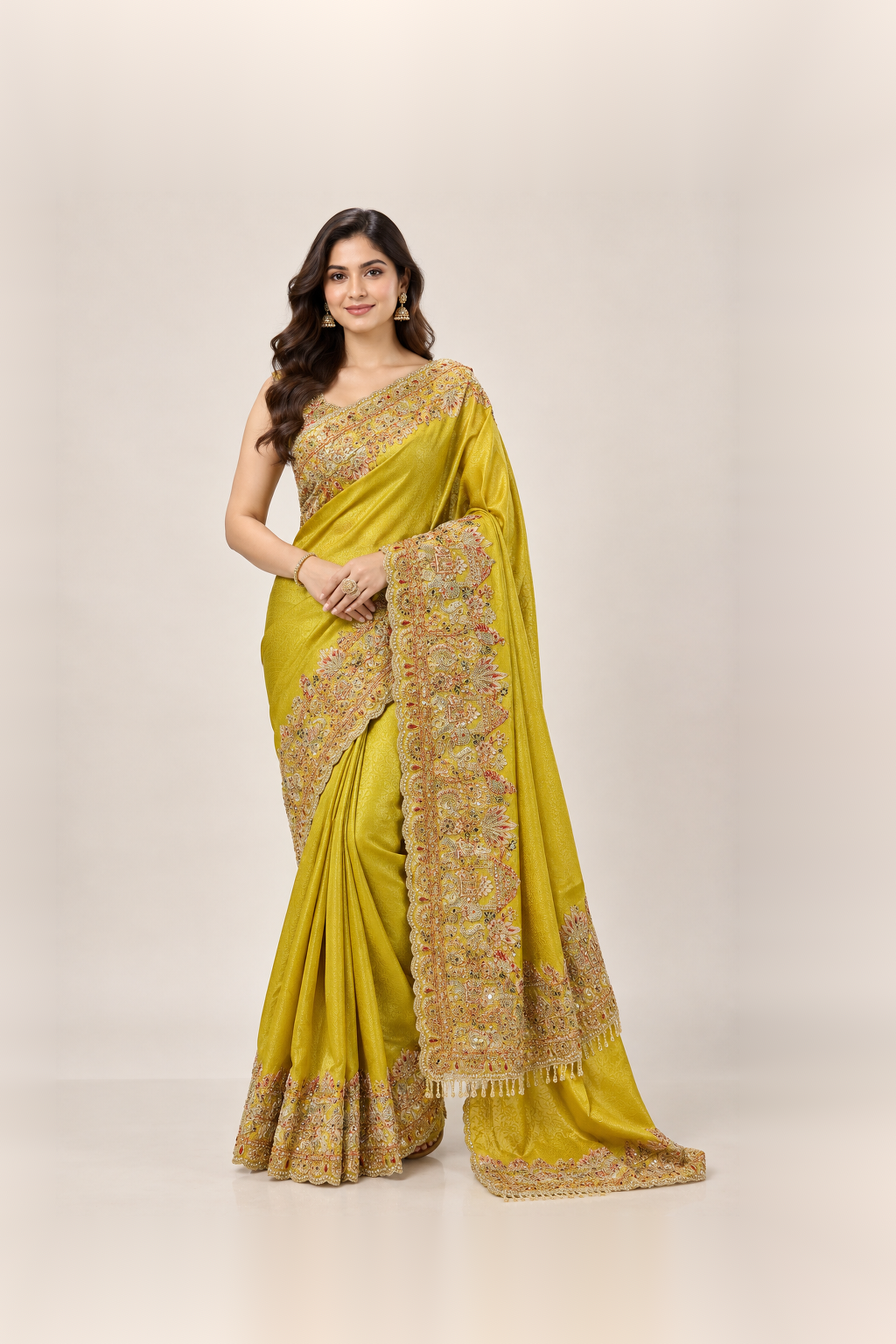 Mustard Yellow & Antique Gold Embellished Silk Saree