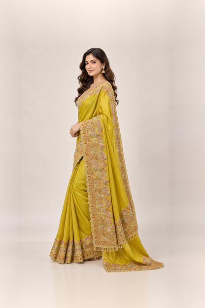Mustard Yellow & Antique Gold Embellished Silk Saree