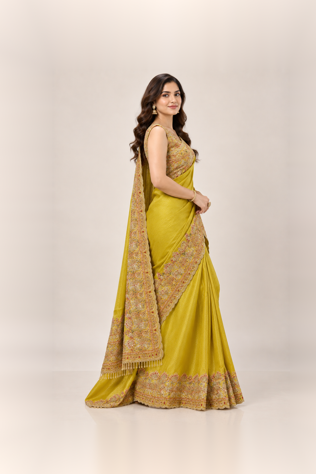 Mustard Yellow & Antique Gold Embellished Silk Saree