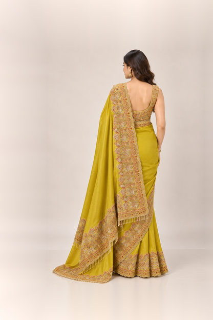 Mustard Yellow & Antique Gold Embellished Silk Saree