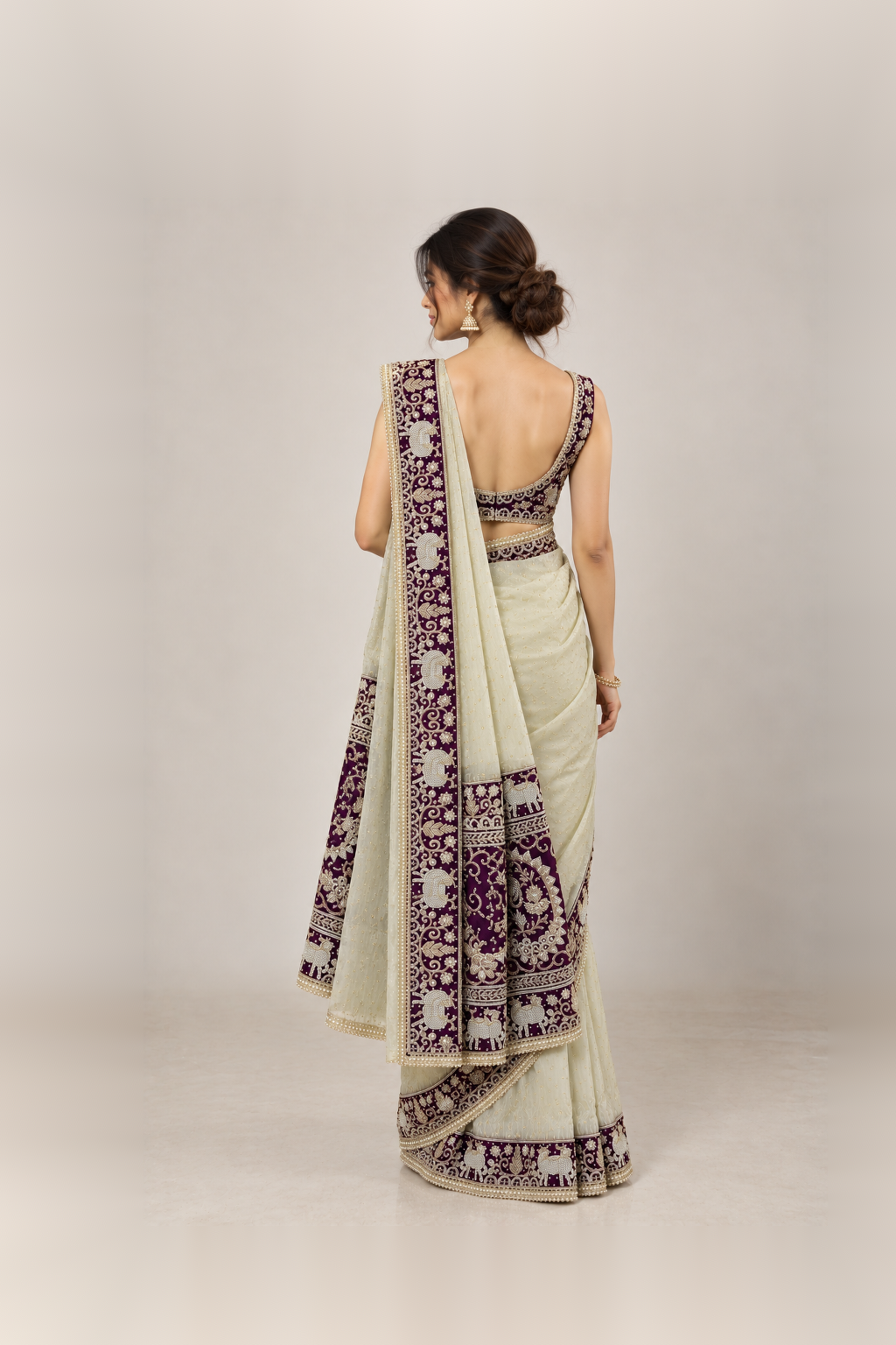 Deep Purple & Ivory Embellished Designer Saree