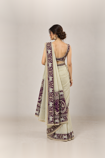 Deep Purple & Ivory Embellished Designer Saree