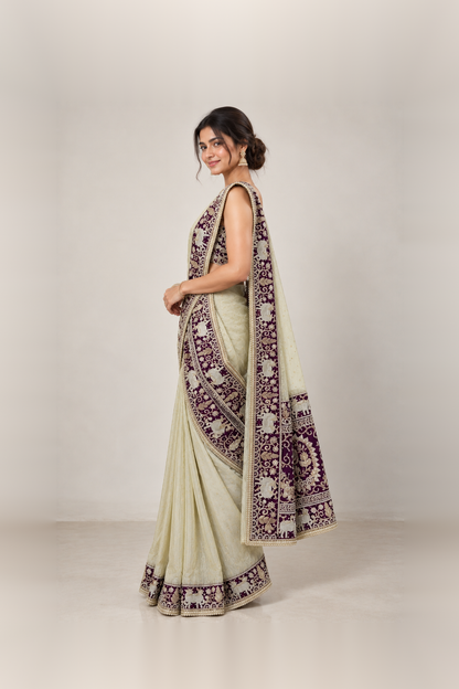 Deep Purple & Ivory Embellished Designer Saree