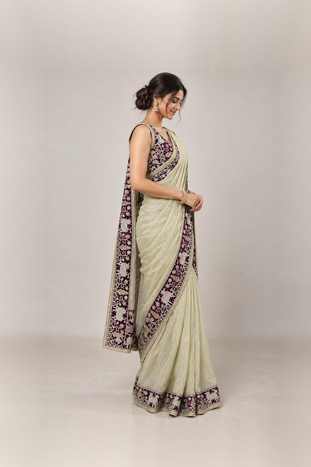 Deep Purple & Ivory Embellished Designer Saree