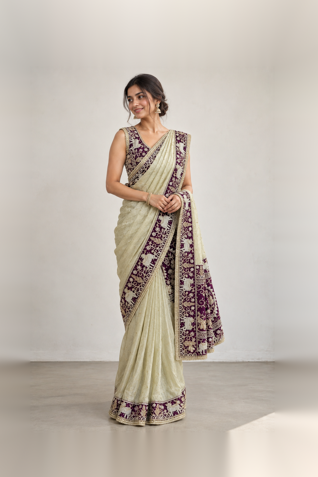 Deep Purple & Ivory Embellished Designer Saree