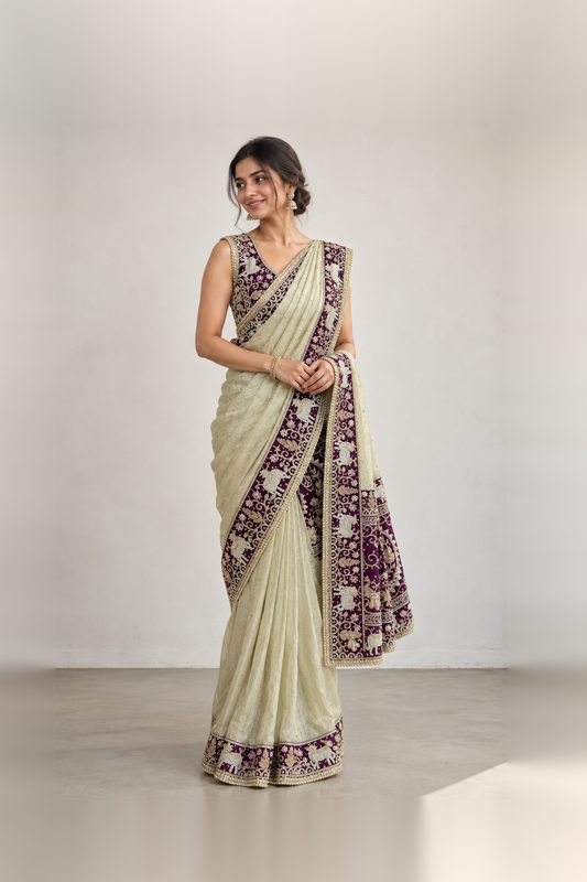 Deep Purple & Ivory Embellished Designer Saree