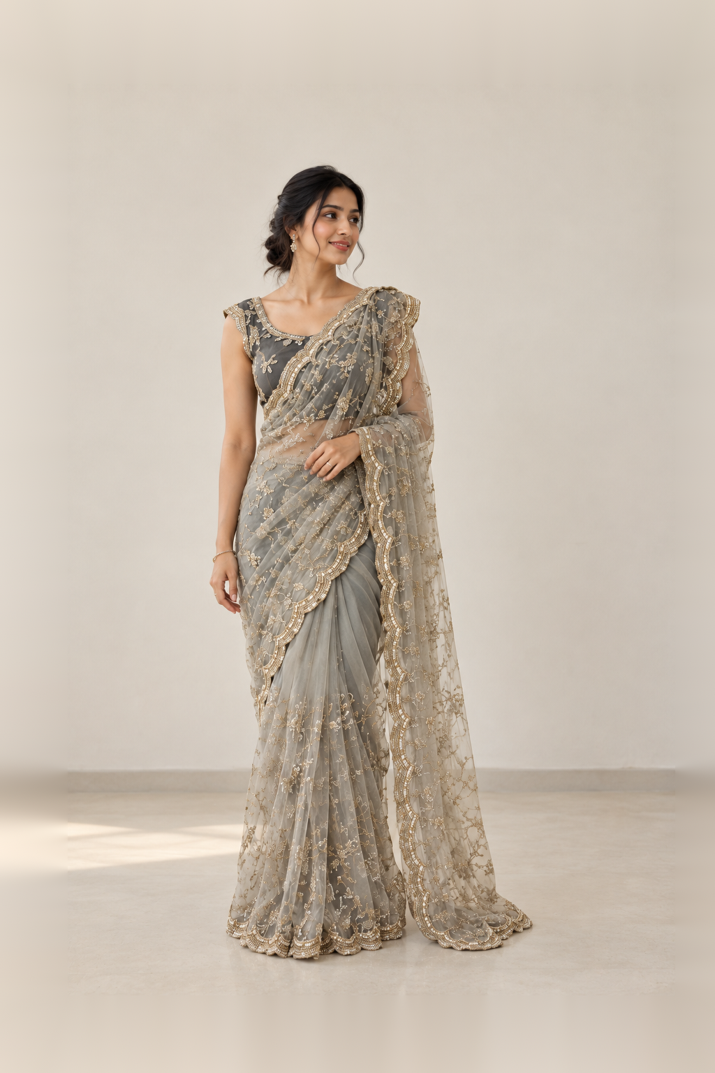 Silver Grey & Charcoal Black Embroidered Designer Saree