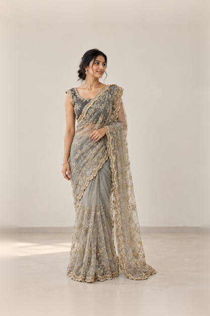 Silver Grey & Charcoal Black Embroidered Designer Saree