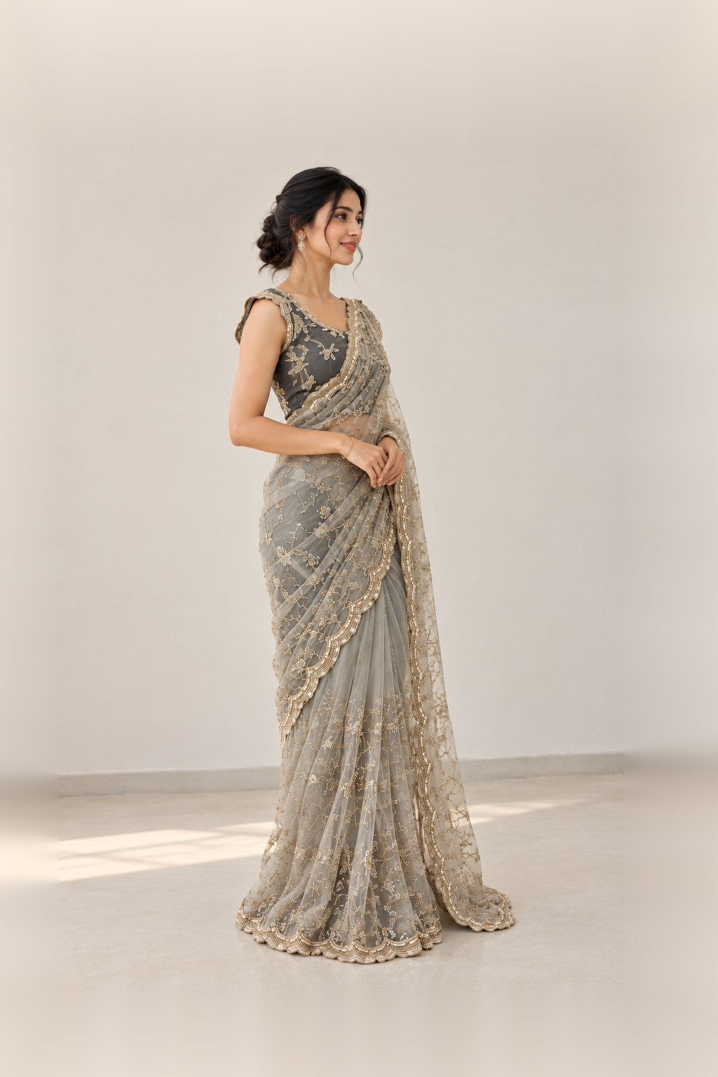Silver Grey & Charcoal Black Embroidered Designer Saree