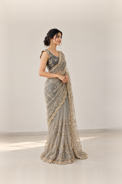 Silver Grey & Charcoal Black Embroidered Designer Saree