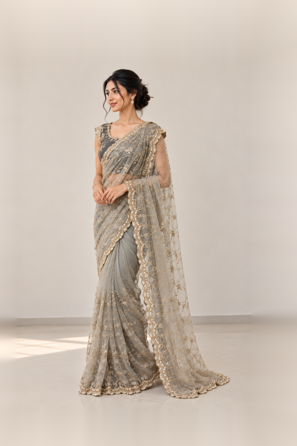 Silver Grey & Charcoal Black Embroidered Designer Saree