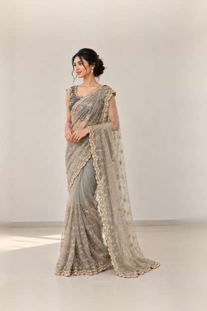 Silver Grey & Charcoal Black Embroidered Designer Saree