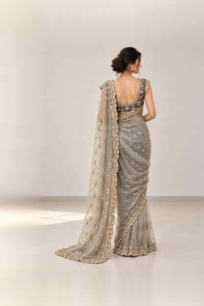 Silver Grey & Charcoal Black Embroidered Designer Saree