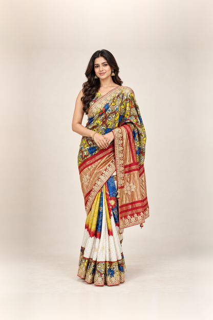Multicolour Floral & Gold Zari Designer Saree