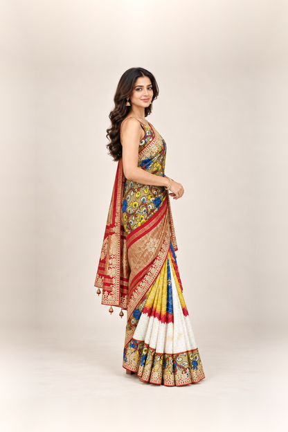 Multicolour Floral & Gold Zari Designer Saree