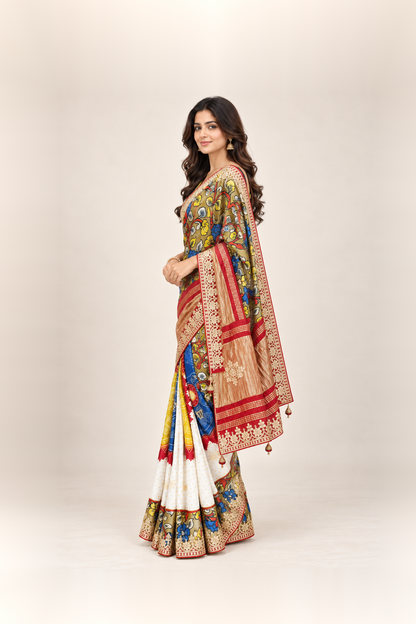 Multicolour Floral & Gold Zari Designer Saree