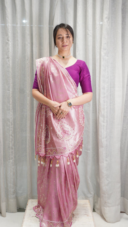 Blush Elegance Crepe Tissue Saree with Pearl Work & Tassels